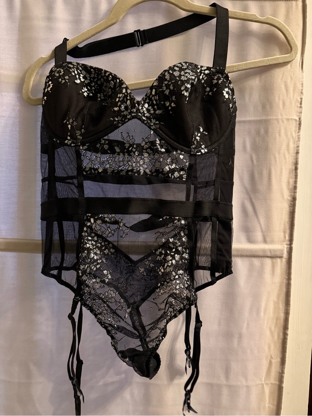 Victoria Secret Black Lace Bustier Teddy with Silver Accents